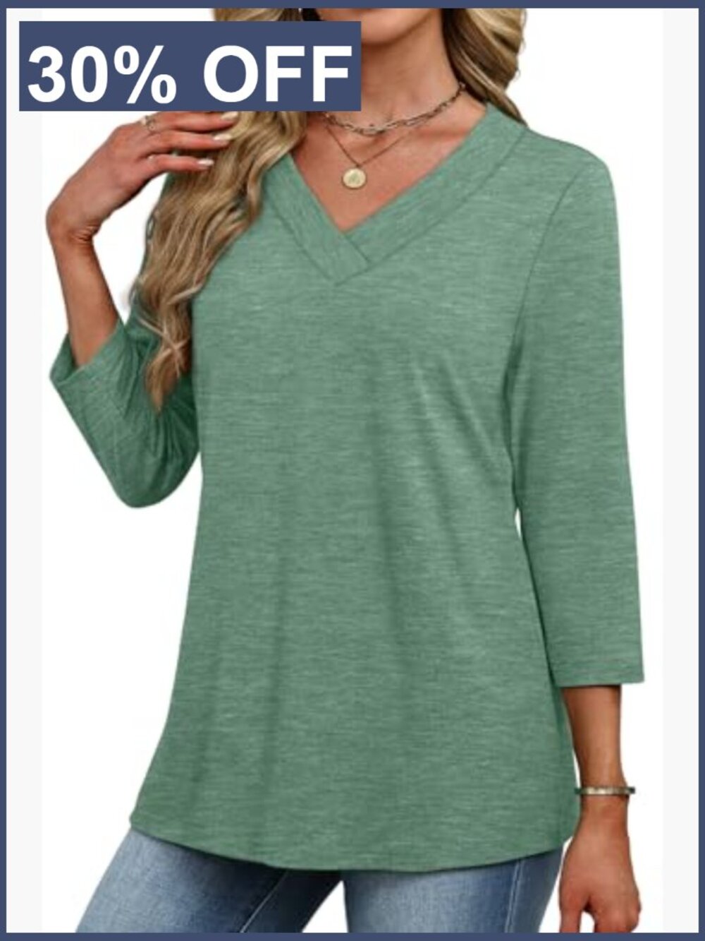 V Neck 3/4 Length Sleeve T Shirts for Women Dressy Casual Loose Fit - Picture 3 of 7